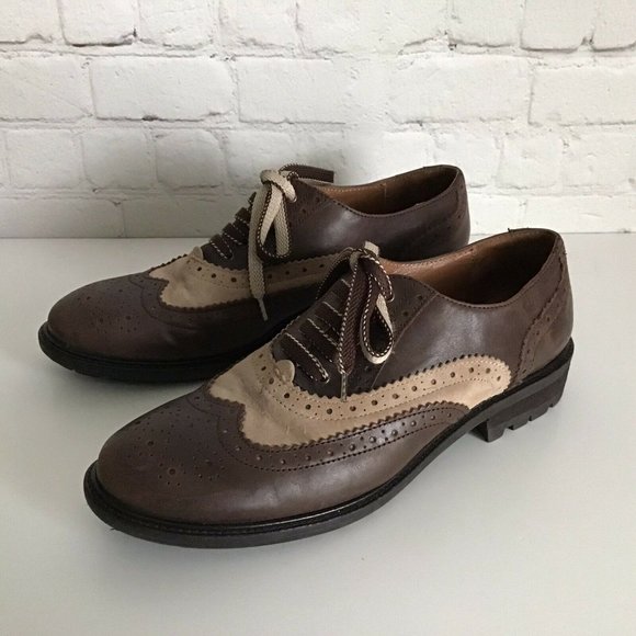 Bata Two Tone Perforated Wingtip Leather Oxfords EU 40 Brown Tan Lug Sole - Picture 10 of 10
